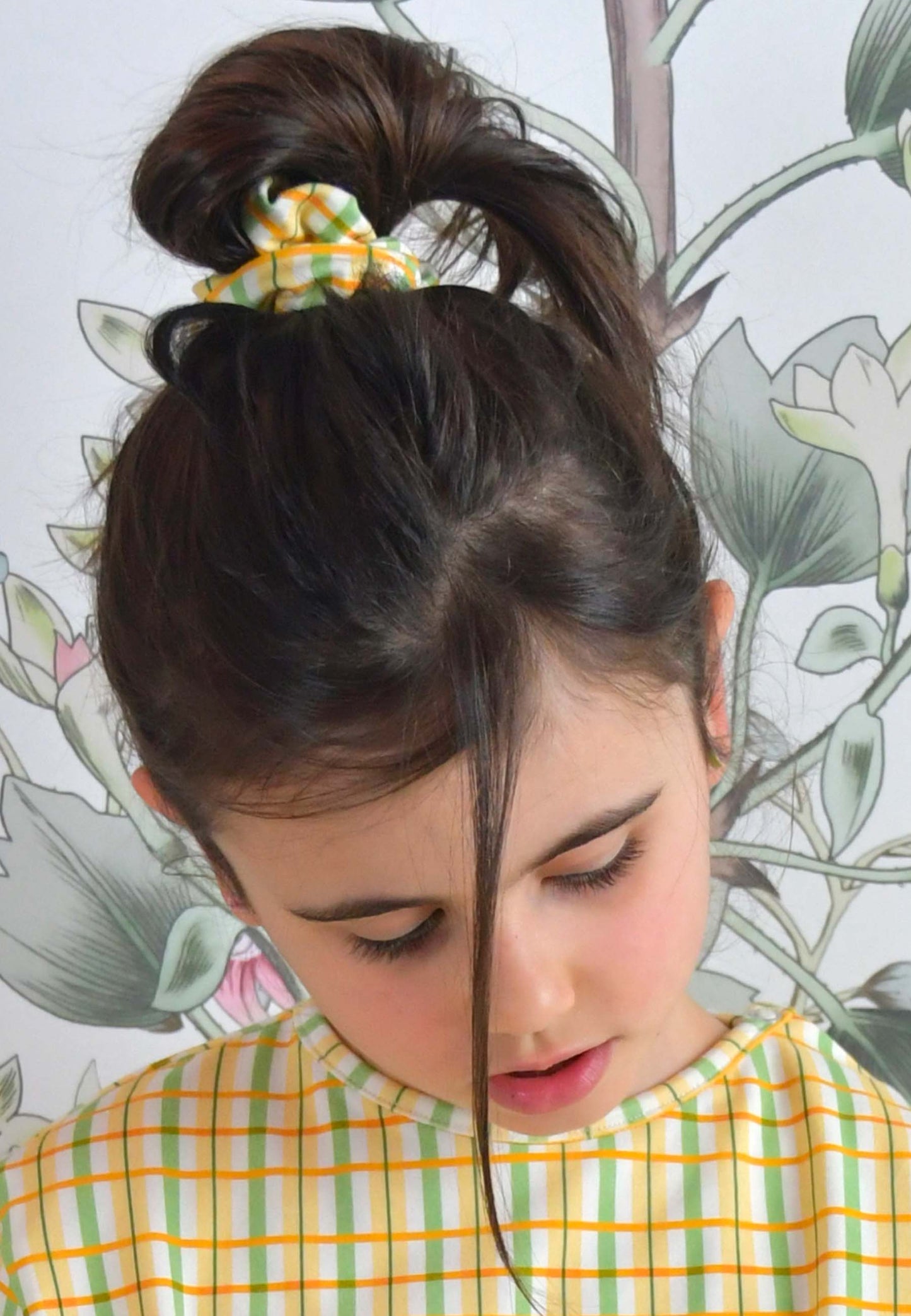 Chouchou (scrunchie) in bambù - Tartan prato fiorito - Palloncino blu
