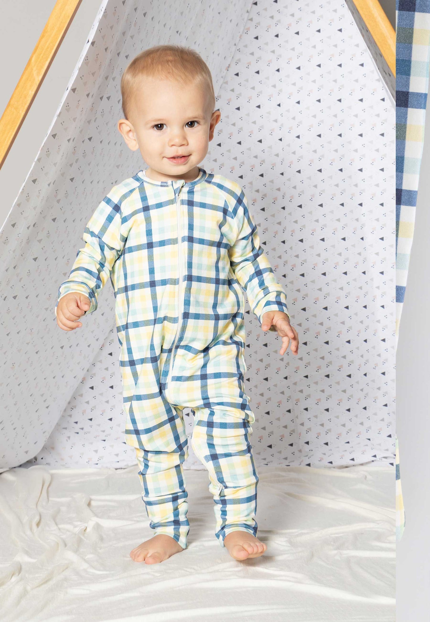 Tutina con zip in bambù - Cielo d'inverno - Palloncino blu