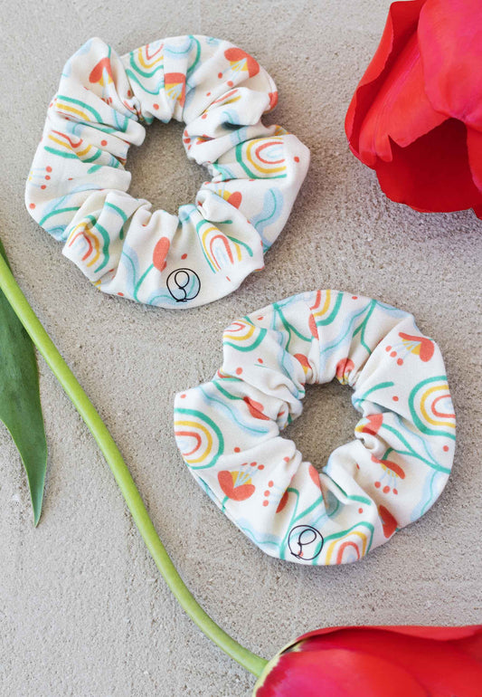 Chouchou (scrunchie) in bambù - Fiori e arcobaleni - Palloncino blu